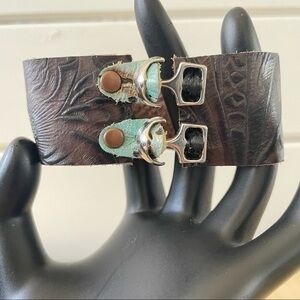 $49 SALE Handmade Multi-Tone Stamped Leather Cuff Bracelet Minimalist Mod West